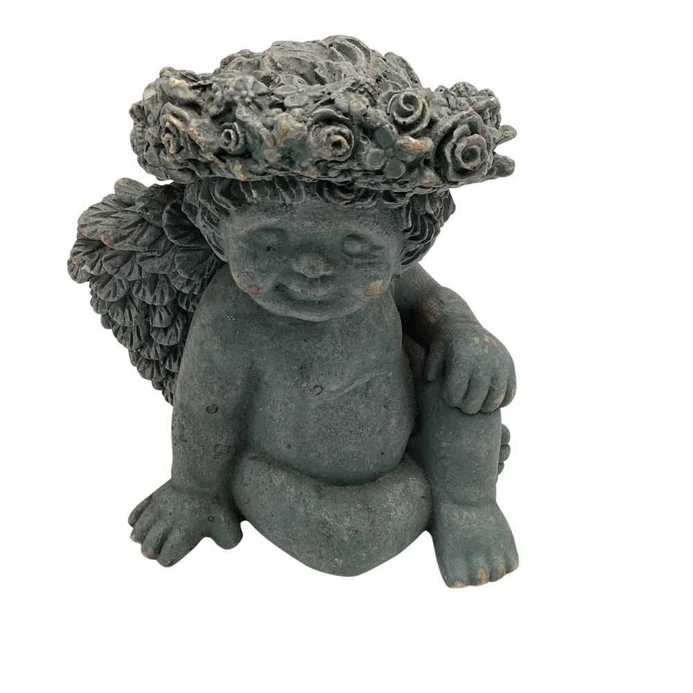 Cherub Angel Figurine‎ Flower Crown Vintage Garden Decor